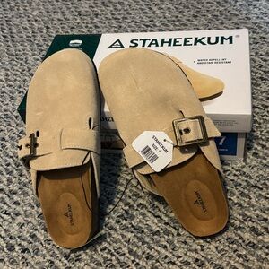 Staheekum Tan Suede Clogs.  New in box. Size 7